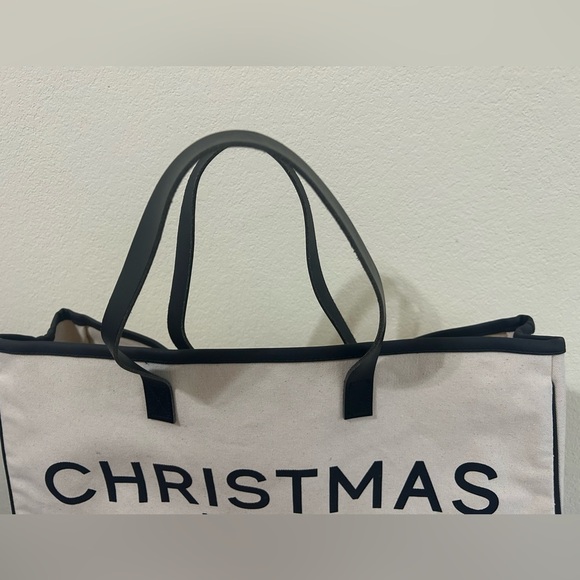 Santa Barbara Tote Bag Cotton Canvas Leather Handles Black/White Christmas Vibes - Picture 6 of 15
